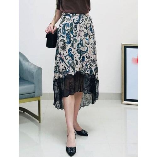 Women Skirt Vintage Print Splicing Lace Elastic Waist Midi Skirt