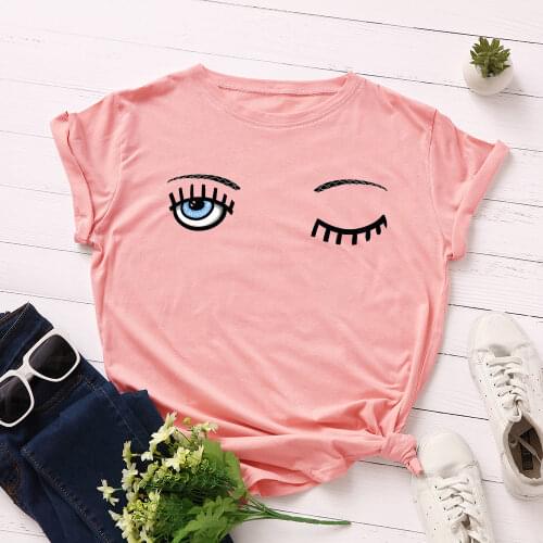 Women Short Sleeve Cotton T-Shirts Wink Eye Graphic Tees Summer Tee Tops for Female Loose Casual Oversized Tee Clothes