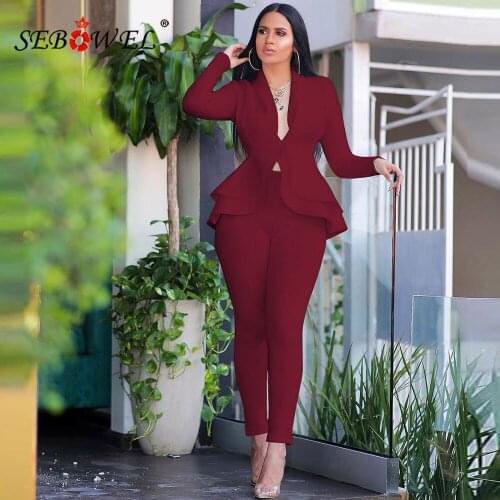SEBOWEL Autumn Fashion Women Ruffled Blazer Jackets Pants Suit Business 2 Piece Sets Spring Office Lady Work Tops Pants Outfits