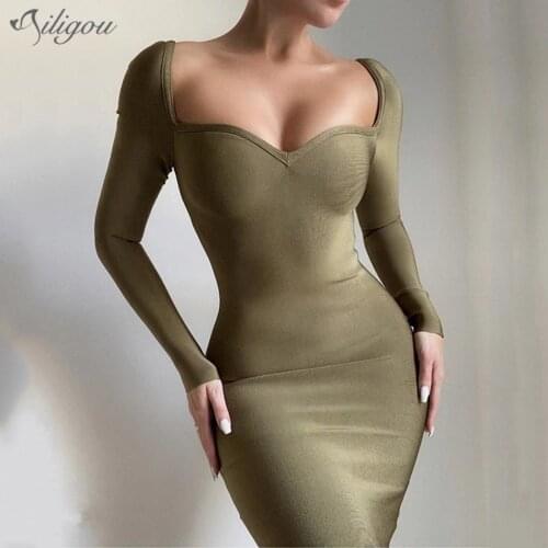 Ailigou 2021 Summer Womens Solid Color Sexy V-neck Long Sleeve Halter Bandage Dress Bodycon Celebrity Club Party Dress Vestidos