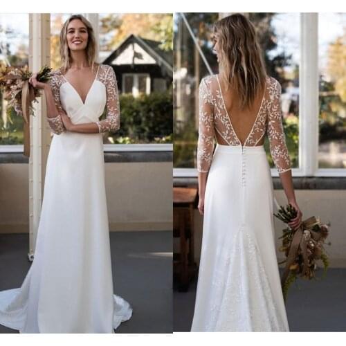 Long Sleeve Wedding Dress Beach Simple V-Neck Floor Length Court Train Backless For Women Backless Lace Appliques Rsutic White