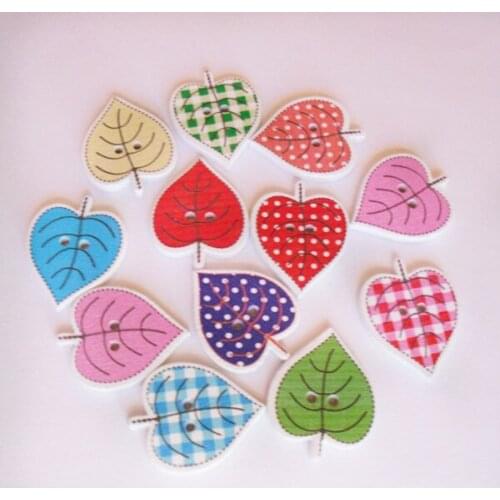 100PCs MIXED Colors Lovely Leaves Shape Two Hole Wooden Buttons 23.5mm x19mm For Diy Free Shipping