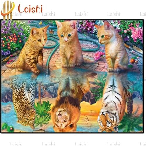 5D round drill Garden cat reflection lion tiger leopard Diamond Painting Cross Stitch animal Full Square Rhinestones Home Decor