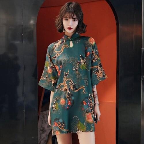 Black Oriental Dress Short Cheongsam Chinese Dress Qipao Robe Vintage Femme Gothic Clothes Woman Japanese Style Dress 10111