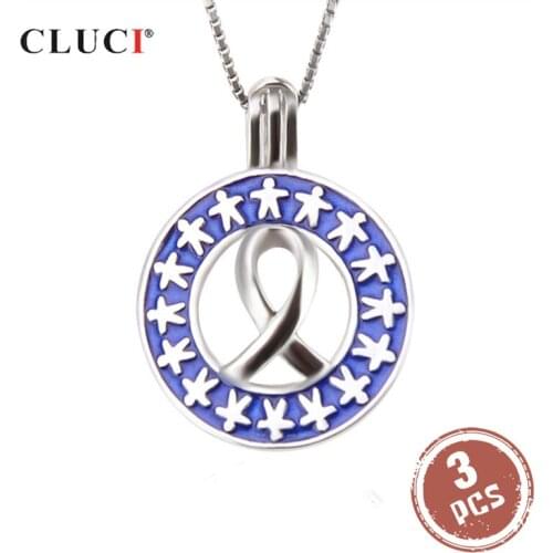 CLUCI 3pcs 925 Sterling Silver Autism Hope Cage Pendant Blue Silver 925 Pendant for Autism Awareness Wish Pearl Locket SC279SB