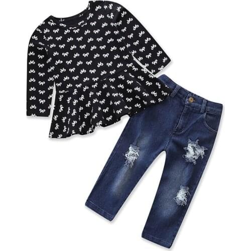 DFXD New Fashion Spring Autumn Kids Girl Clothing Set Children Long Sleeve O-neck Top+Ripped Jeans Pant 2pc Girls Outfits 1-6Y