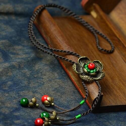 DIY Ethnic Jewelry national copper flowers nature stone long vintage necklace,fashion handmade pendants sweater necklace