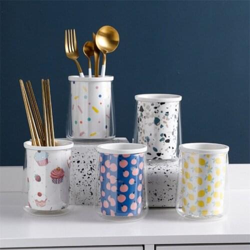 Nordic Ceramic Chopsticks Holder with Drain Hole Home Kitchen Organizer Marble Pattern Dinnerware Storage Holder Cutlery Rack