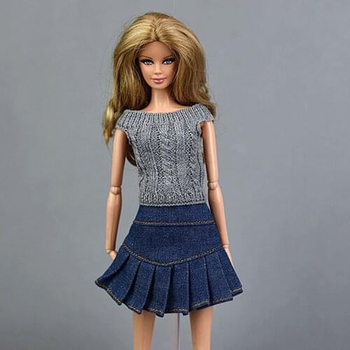 Fashion Knit Sweater Suit Dress Up for 1/6 Blythe Licca OB Doll Top & Skirt Kids Role Play Gray&Blue