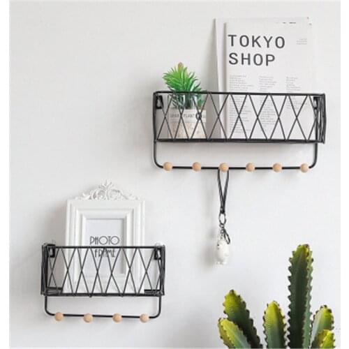 Nordic Iron Art Grid Wall Hanging Shelf Multifunction Home Wall Storage Rack With Hook Door Key Holder No Trace Nails To Install