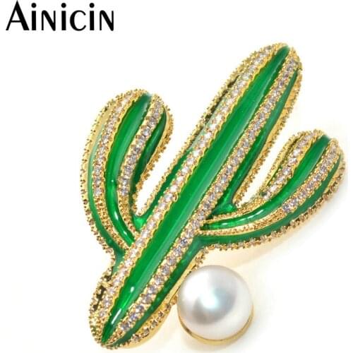 Natural Freshwater Pearl CZ Stone Setting Green Cactus Tree Brooches Pin Lovely Spring Autumn Party Dress Women Jewelry Gift