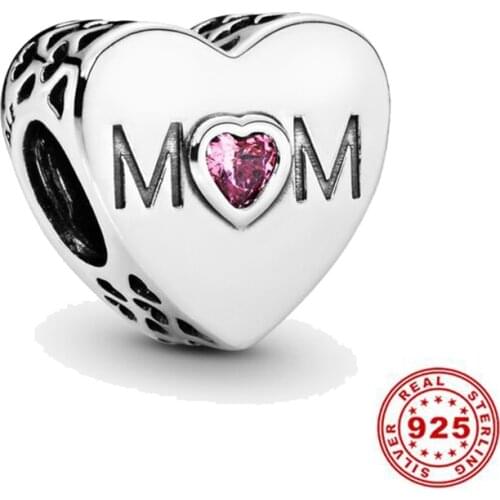 New Trendy Love MOM Mum Pink Cubic Zirconia Heart Beads Fit Original Pandora Charms Bracelet DIY Women Jewelry