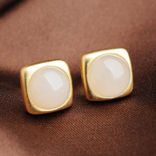 New silver inlaid natural Hotan white jade Square Earrings Chinese style retro unique ancient gold craft womens brand jewelry