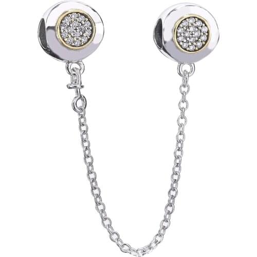 Original Two-tone Signature With Crystal Safety Chain Beads Fit 925 Sterling Silver Bead Charm Bracelet Diy Jewelry