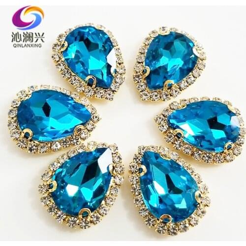 Lake blue Golden bottom Top grade Glass Crystal buckle,Drop shape sew on rhinestones,Diy wedding decoration 10pcs/pack SWSK23