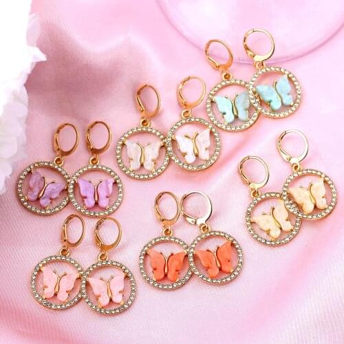 JUST FEEL Korean Cute Sequin Acrylic Crystal Butterfly Drop Earring Female Gold Silver Color Circle Earring Trendy Party Jewelry