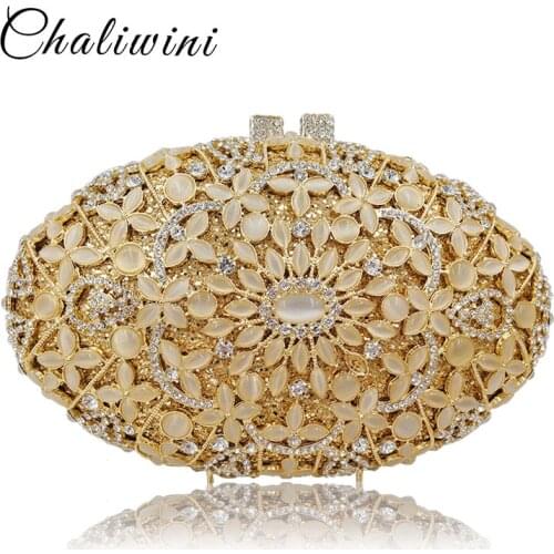 Custom made Diamond Opal Flower Shape Women Gold Crystal Clutch Hard Metal Bridal Clutches Handbag Wedding Purse Evening Bags