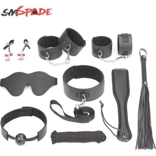 SMSPADE BDSM Games Adult Sex Toys Kit Black 9Pcs Blindfold,Mouth Gag,Collar,Handcuffs & Ankle Cuffs,Whip,Paddle,Nipples,Rope