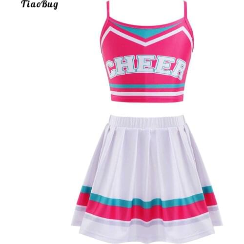 TiaoBug Kids Girls Cheerleading Uniform Dance Clothes Set Sleeveless Spaghetti Shoulder Straps Letter Print Crop Top With Skirt
