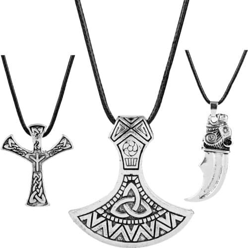 Vintage Celtics Theme Necklace Viking Men Theme Amulet Pendant Necklace AXE Shape Wolf Tooth Feature Symbol Jewelry Silver Color