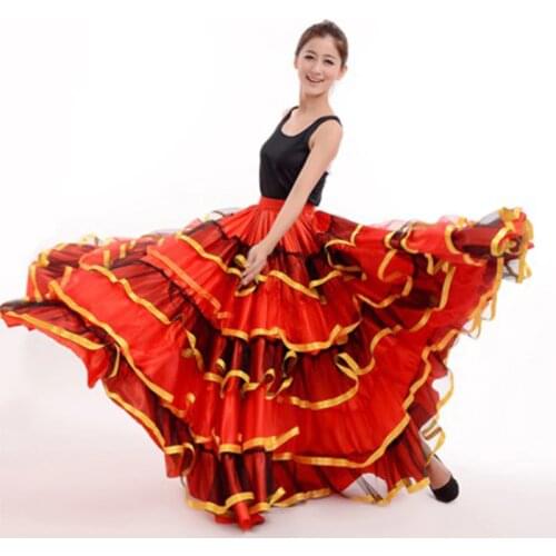 Womens Ballroom Spanish Flamenco Dance Skirt Dancer Fancy Dress Costume Red Belly Dancing Skirts 360/540/720 Degree DL2878