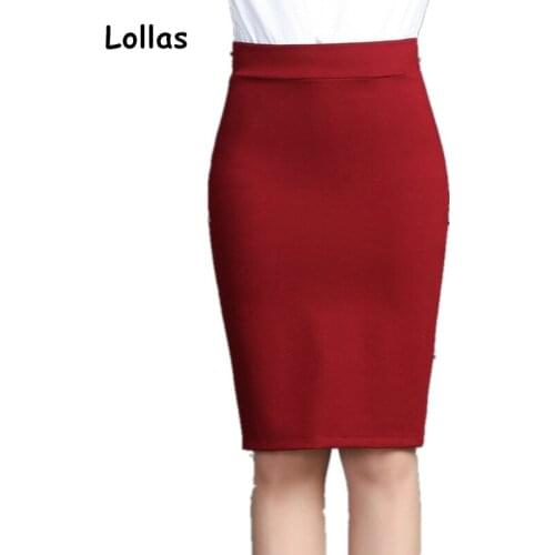 Lollas Women Pencil Skirts High Waist Knee-length Solid Slim Professional Suit Office Lady Skirt