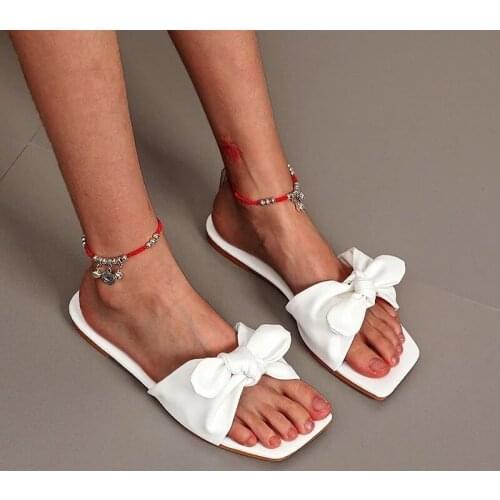 2021 Womens Slippers Bow Slip-on Beach Casual Flat Ladies Slides Womens Summer Flip-flops Flat Soft-Bottomed Summer Sandals