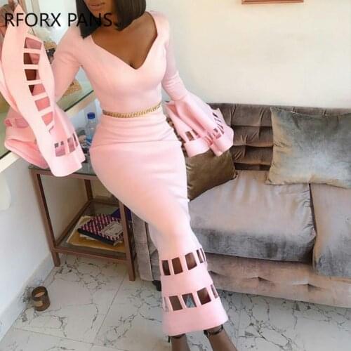 Women Solid Elegant Chain Hollow out V neck Flared Sleeves Party Bodycon Maxi Dress