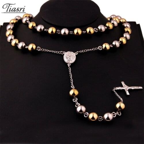 Tiasri Aesthetic Cross Pendant Lady Necklace on the Neck Stainless Steel Sweater Collar Choker Round Bead Tail Link Jewelry 2020