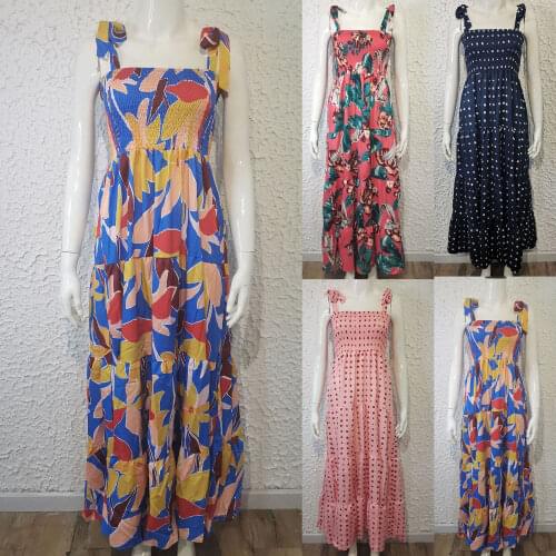 Women Square Neck Print Sling Pleated Large Hem Midi Dress Beachwear for Holiday vestidos robe femme