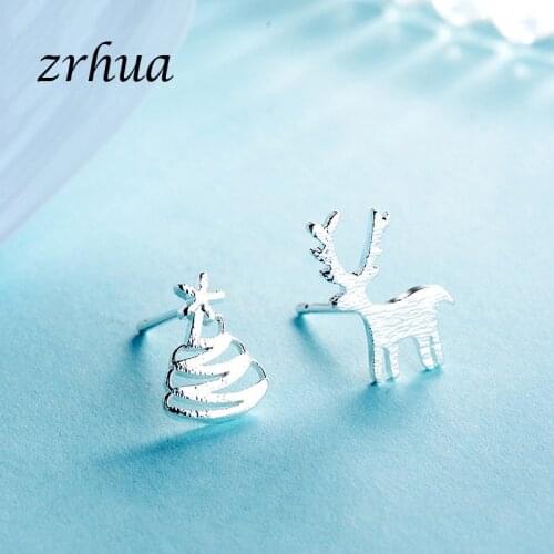 ZRHUA Silver Color Cute Christmas Tree and Animal Stud Earrings for Women Brincos Fine Jewelry Bijoux Wholesale Price
