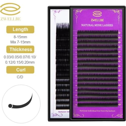 Zwellbe 16rows/case 8~15mm CD Individual Eyelash Extension 3D Volume Soft Glossy Black False Eyelashes cilia cilios Makeup Tool