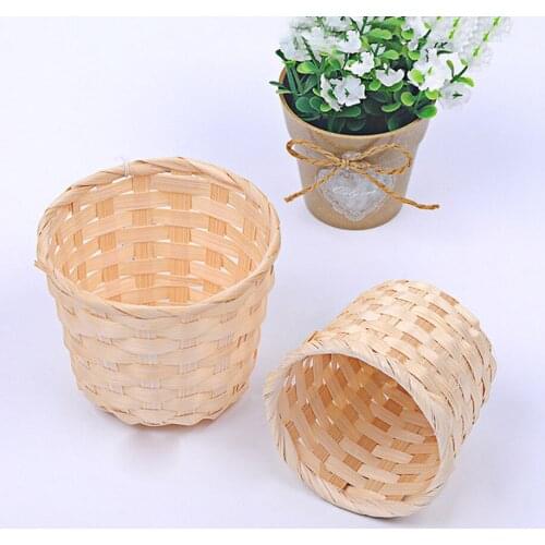 2 Pcs Handmade Bamboo Woven Flower Basket Bra Sundries Organizer Rattan Plant Box Desktop Debris Home Storage Baskets Container