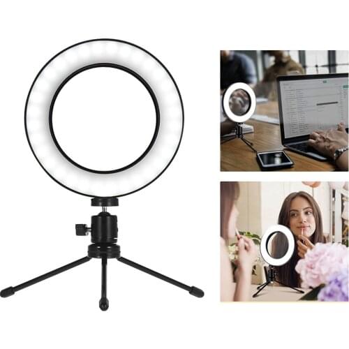 6 Inch Tripod Selfie Facial Makeup Light Telescopic Stand Mini LED Ring Light Lamp Dimmable 3 Modes USB Powered