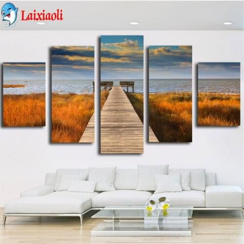 New arrival Sun Seascape diamond mosaic diamond painting 5 pcs Picture Modern Wooden bridge natural scenic diy Home Decoration