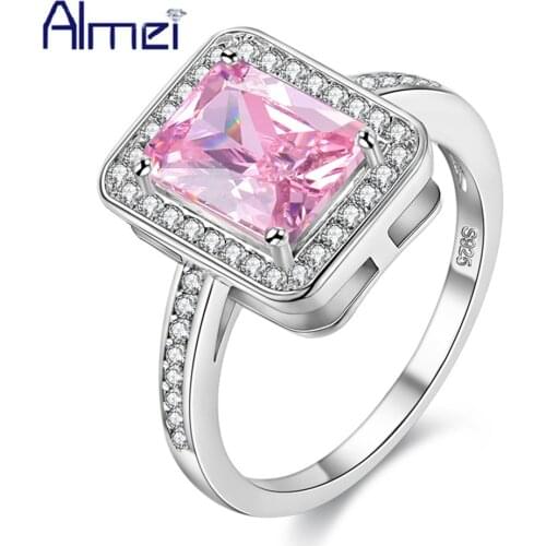 Almei 15%Off Wedding Rings for Women Vintage Pink Blue Crystal Female Ring Silver CZ Stone Rainbow Anel Feminino Gifts Y3250