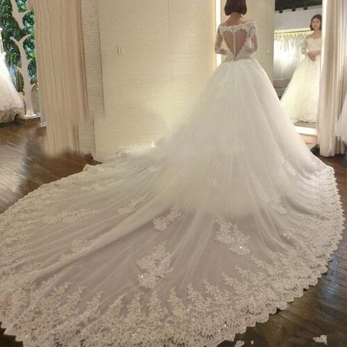 Elegant Long Royal Train Lace A Line Plus Size Wedding Dress Luxury Long Sleeves Appliques Tulle Marriage Bride Dresses 2020