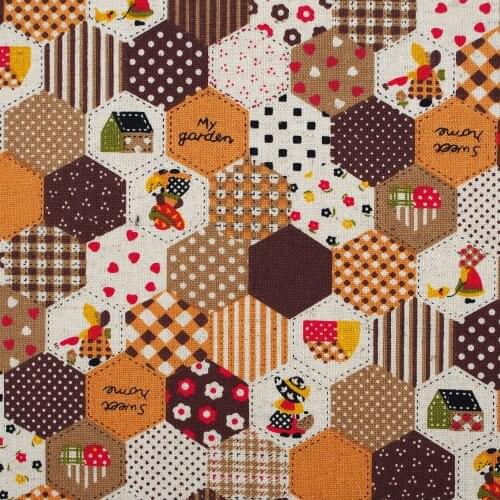 Cotton Linen Fabric for sewing pathwork, bedding - Hexagons, dots, lattices and flowers （yellow） (width=140cm)