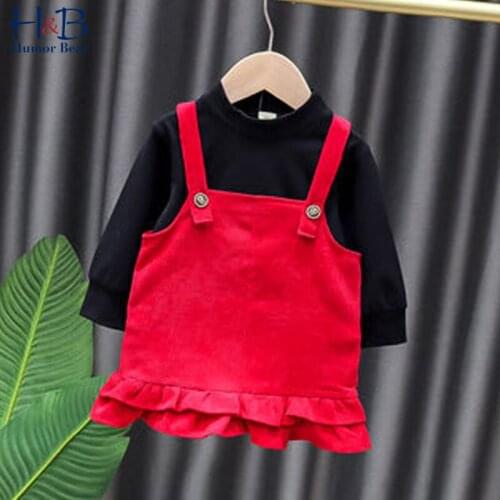 Humor Bear Baby Girls Clothes Set Long Sleeve Solid Color Shirt+ Sling Starp Ruffle Dress 2pcs Toddler Clothes