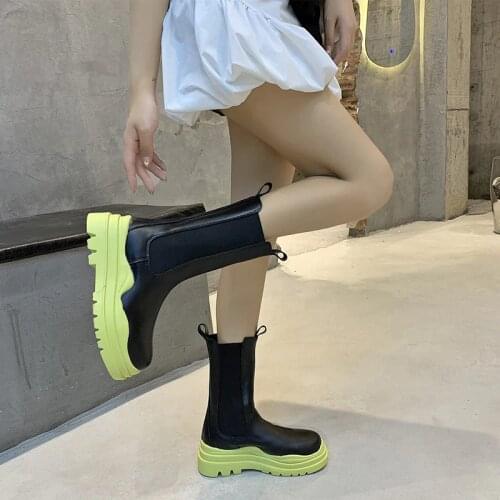 Leather Colored Thick bottom Chelsea boots women British slip on short Knight boots Runway Flat Ankle boots Martin boots