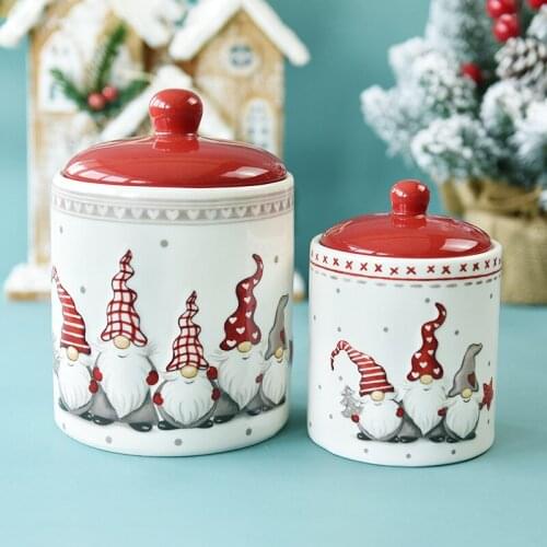 Creative Christmas gift storage jar Large ceramic jar Round sealed tank grains dried fruit snack tank Covered pattern decor