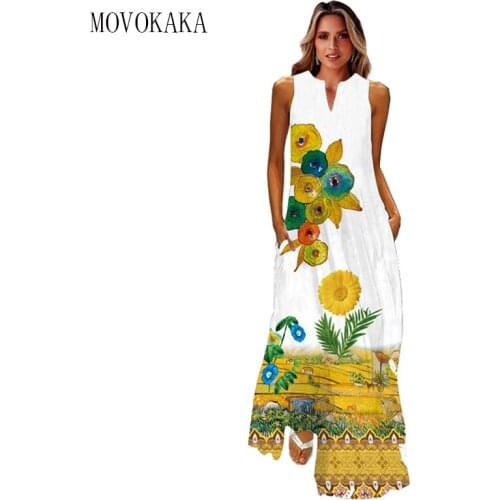 MOVOKAKA 2021 Print Dress Women Elegant Holiday Beach Sleeveless Maxi Dresses Summer Sundress Casual Plus Size Dresses For Women