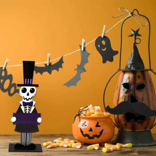 Cartoon Retro Gentleman Skull Wooden Sign Beware Letters Halloween Table Decoration Tier Tray Party Dinner Ornament