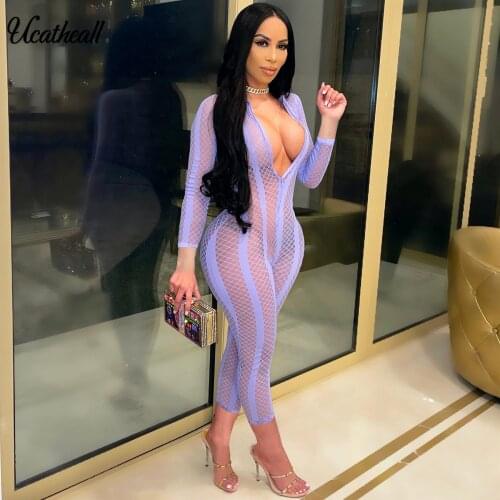 Bodycon Skinny Zipper Long Sleeve Jumpsuits Women Club Party Wear Jumpsuit Sexy Stripe Print Skinny One Piece Outfits Slim