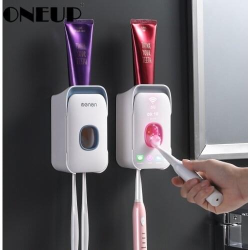 ONEUP Plastic Wall Mounted Toothbrush Holder Automatic Toothpaste Dispenser Toothbrush Storage For Toilet Bathroom Accessories