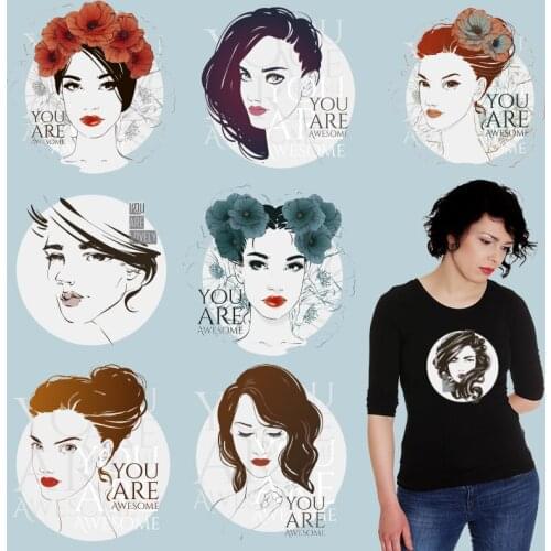 Beauty Flowers Portrait Patches for clothing Manualidades Heat Transfer printing Washable Ironing stickers Cheap Thermal Sticker