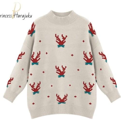 Pullover Women Vintage Christmas Fawn Print Sweater Oversize Long Sleeve Couples Knitted Tops Hip Hop Streetwear Pullover Female