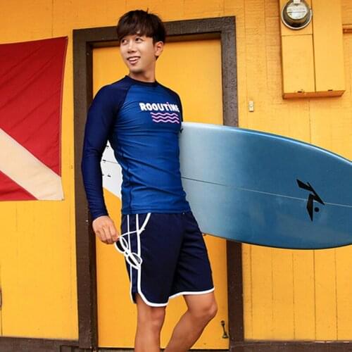 2pc Mens Rashguards Long Sleeve Sunset Stream Beach UPF 50 Swim Tee Shirt + Trunks Blue Surfing Suit Diving Skin for Wetsuit