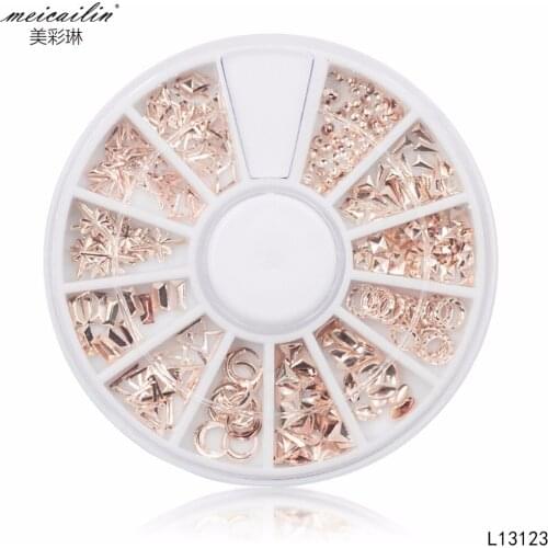 Rose Gold Rivet Nail Studs 3D Nail Art Decoration Circle Star Round Square Triangle Mixed Accessories in Wheel for DIY