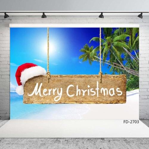 Christmas Hat Sea Coconut Tree Photographic Backgrounds Vinyl Cloth Backdrops for Children Party photo shooting Photo Studio